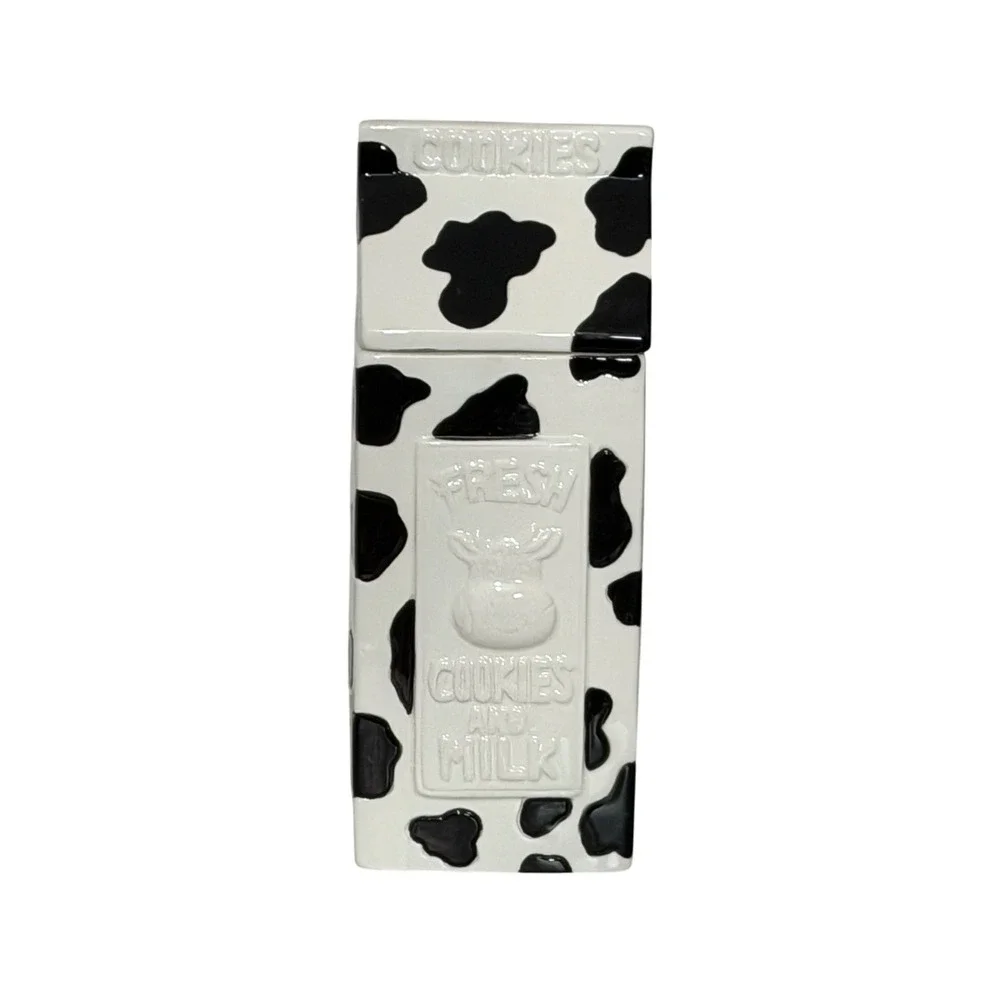 Houston Harvest Cookie Jar White Cow Print Milk Carton Ceramic Decor Large